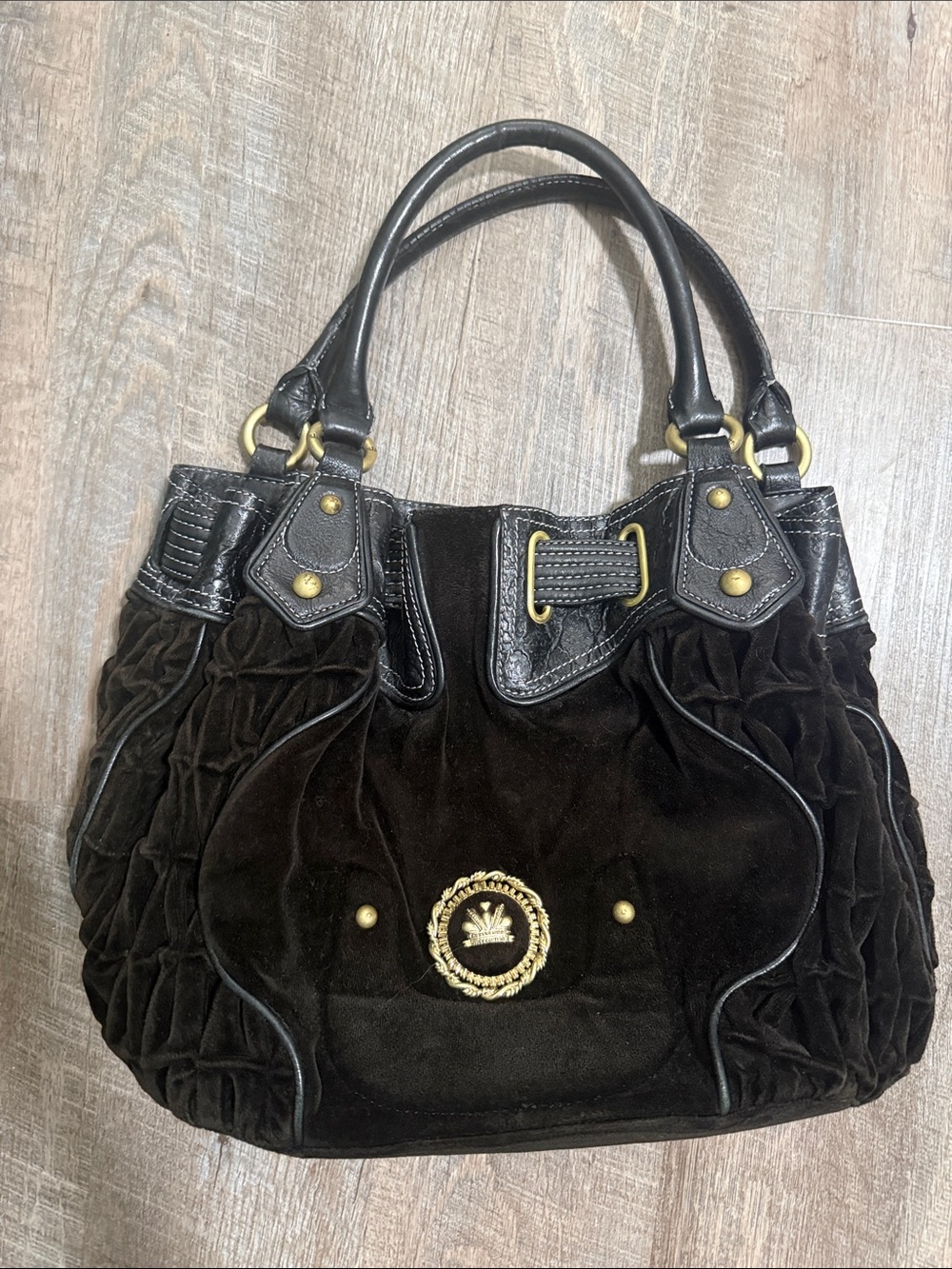 Juicy Couture Y2K Dark Brown Velvet Lambs Leather Shoulder Bag with Gold Emblem